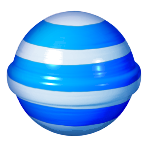 Un bonbon rayé dans Candy Crush Friends Saga : Une sphère bleue rayée tridimensionnelle avec des rayures horizontales bleu clair et foncé alternées