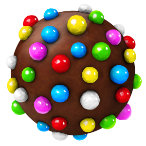 Kleurenbom in Candy Crush Friends Saga: Een bolvormig chocoladesnoepje bedekt met kleurrijke snoepstrooisels in verschillende kleuren, waaronder rood, blauw, groen, geel en wit