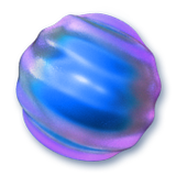 Caramella colorante in Candy Crush Friends Saga: Una caramella sferica blu iridescente con una superficie liscia e lucida che riflette la luce per mostrare sfumature di blu, viola e rosa