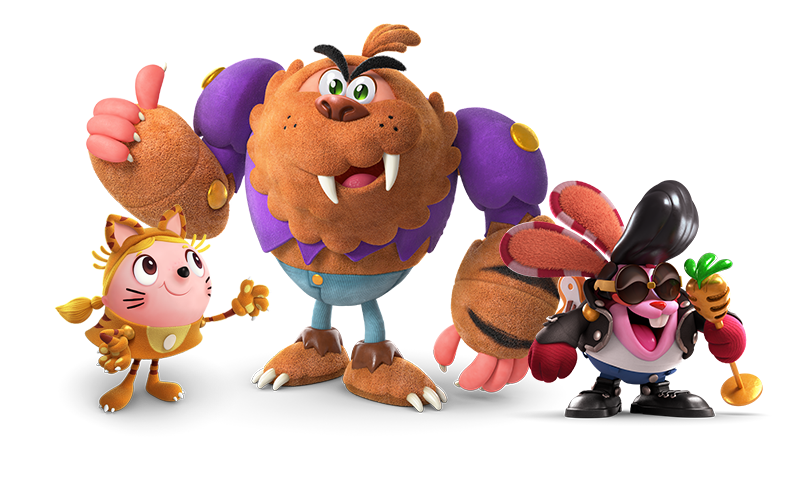 Candy Crush Friends Saga'da Tiffi, Yeti ve Tavşan kostümleriyle.