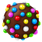 Candy Crush Friends Saga中的彩色炸弹。它是一个巧克力芯的球形糖果，周围镶嵌着各种颜色的糖果。 