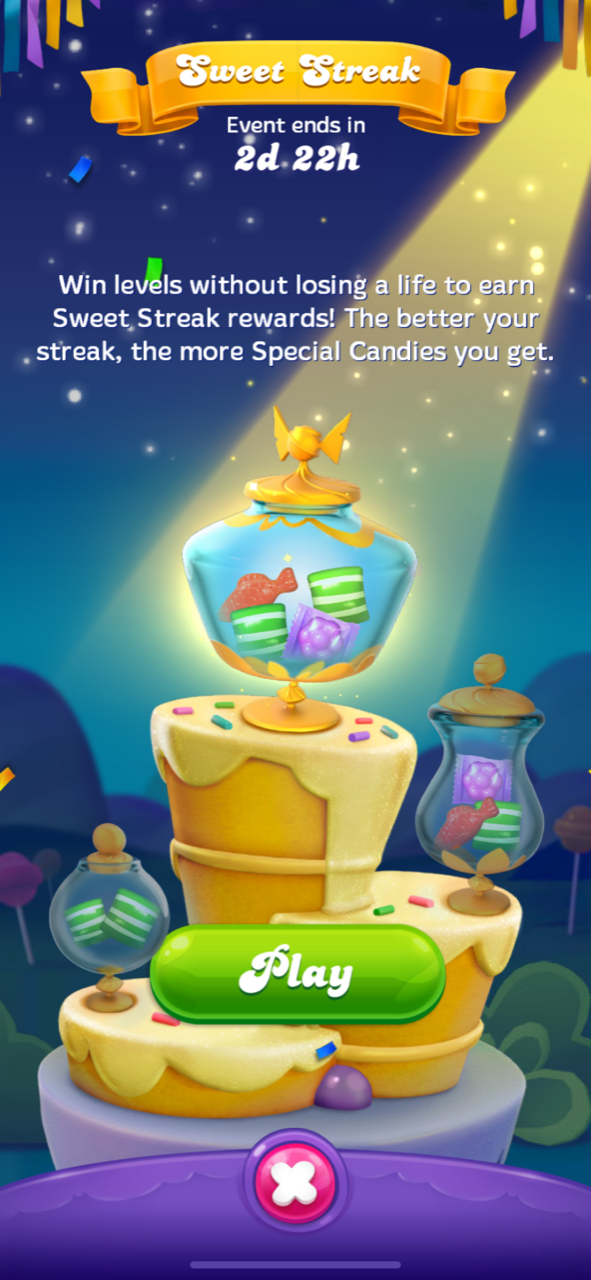 Eine Event-Benachrichtigung für "Sweet Streak" in Candy Crush Friends Saga mit einem Countdown, lädt Spieler ein, an einem Spiel teilzunehmen, um Belohnungen zu verdienen, hervorgehoben durch einen "Spielen"-Button vor einem festlichen und bunten, spielthematischen Hintergrund.