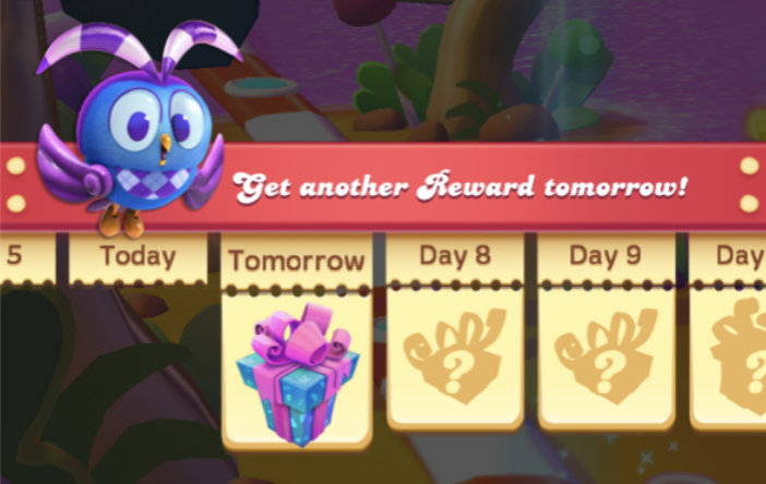 Una pantalla de recompensa diaria divertida con Odus el búho, que anuncia que una nueva recompensa estará disponible mañana, junto a un calendario con las próximas recompensas por inicios de sesión consecutivos en un entorno de juego caprichoso.