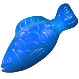 Blå Vingummifisk-booster i Candy Crush Friends Saga med detaljer som skæl, en hale, et øje og en mund.