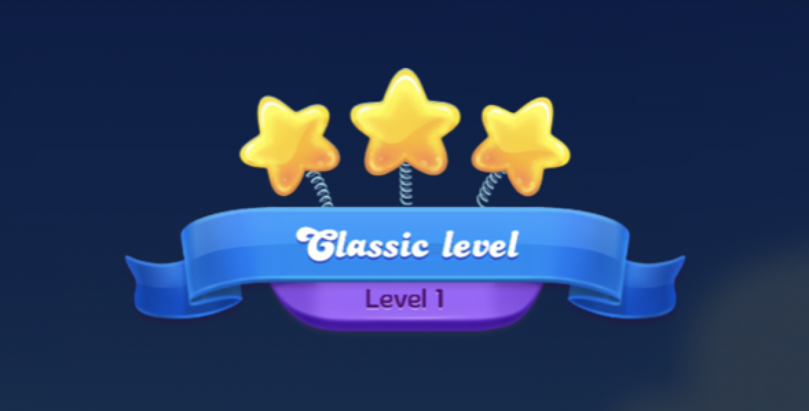  Tre guldstjerner over et blåt banner med teksten 'Klassisk niveau' og et lilla banner med 'Niveau 1' i Candy Crush Friends Saga