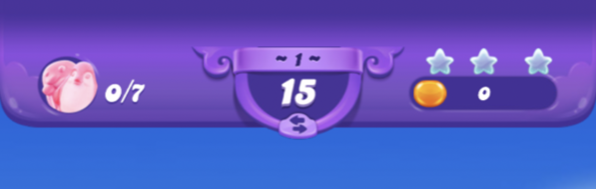 Candy Crush Friends Saga fremdriftslinje; til venstre er antall dyr spilleren må redde, som viser 0 av 7 prestasjoner, i midten er nivånummeret, og til høyre er tre utviskede stjerner ved siden av en gyllen fremdriftslinje