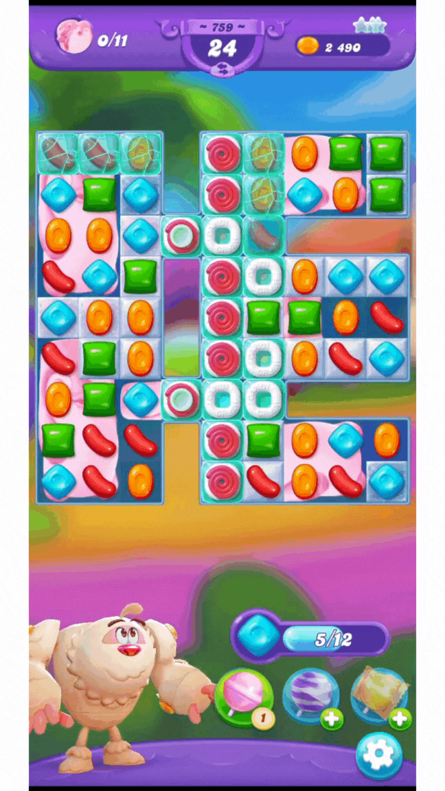 Livello Libera gli animali in Candy Crush Friends Saga. Abbinando le caramelle e distruggendo gli strati, il giocatore libera un animaletto di marshmallow.