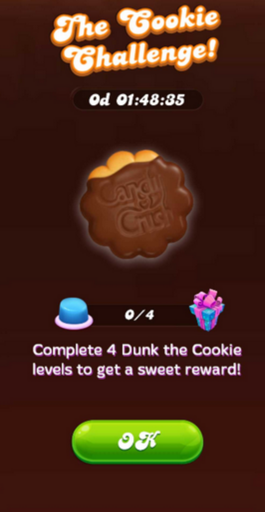 Eine In-Game-Herausforderung mit dem Titel "Die Cookie-Herausforderung!" mit einem Countdown-Timer, der die Spieler ermutigt, 4 bestimmte Level abzuschließen, um eine Belohnung zu erhalten. Der Fortschrittsanzeiger zeigt 0 von 4 abgeschlossen an, und ein Bestätigungsbutton mit der Aufschrift "OK" wartet auf die Interaktion des Spielers.