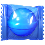 Doce Embrulhado em Candy Crush Friends Saga: um doce esférico azul listrado e brilhante, embrulhado em celofane azul transparente com bordas seladas