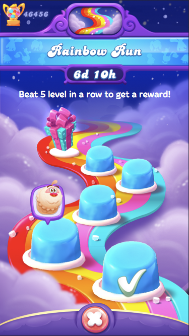 Regnbueløbet-kortet i Candy Crush Friends Saga. Det består af 5 niveauer, med niveaunapper placeret langs en regnbue, der løber blandt lilla skyer. Teksten siger: Slå 5 niveauer i træk for at få en belønning!