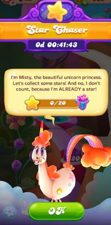 Um pop-up do jogo para "Caçador de Estrelas" em Candy Crush Friends Saga com um cronómetro de contagem decrescente de 41 minutos e 43 segundos. Mostra a Misty, uma princesa unicórnio, incentivando a recolha de estrelas. Uma barra de progresso indica 0 de 20 estrelas recolhidas e um botão "OK" em destaque está pronto para a ação do jogador.